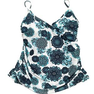 Tropical Escape Tankini Top Women 8 White Blue Medallion Shelf Bra Boho Beach
